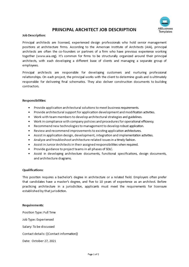 Gratis Principal Architect Job Description