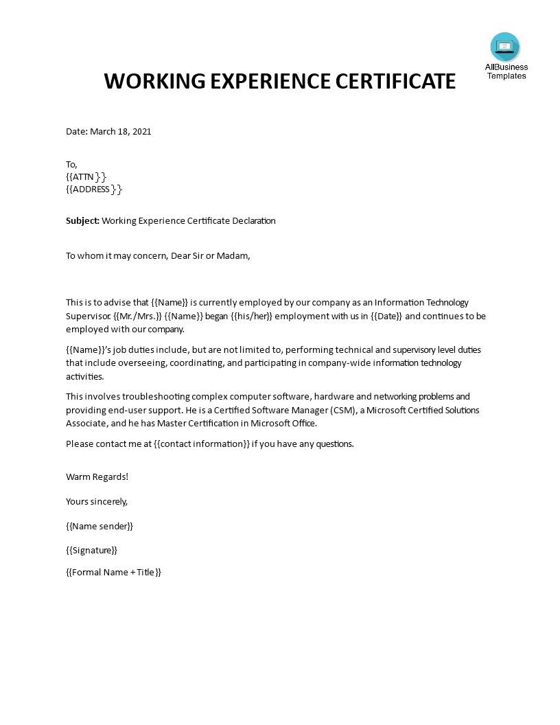 experience certificate format for computer hardware and networking