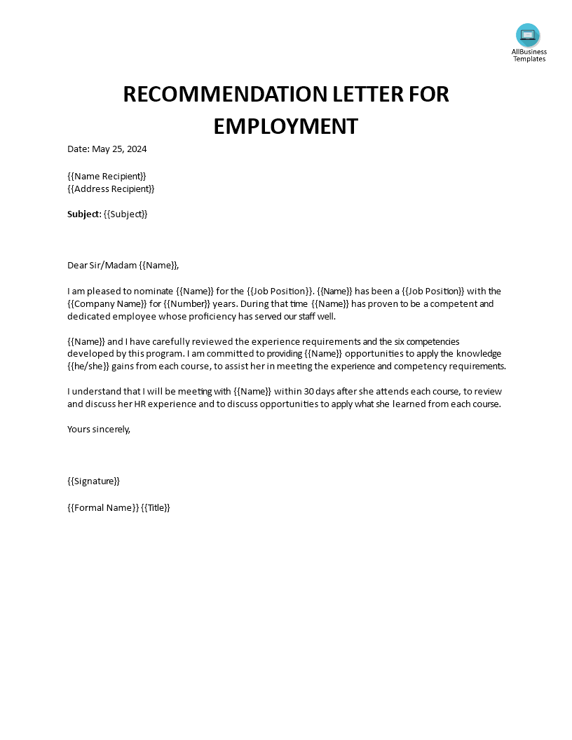 short letter of recommendation for employment Hauptschablonenbild