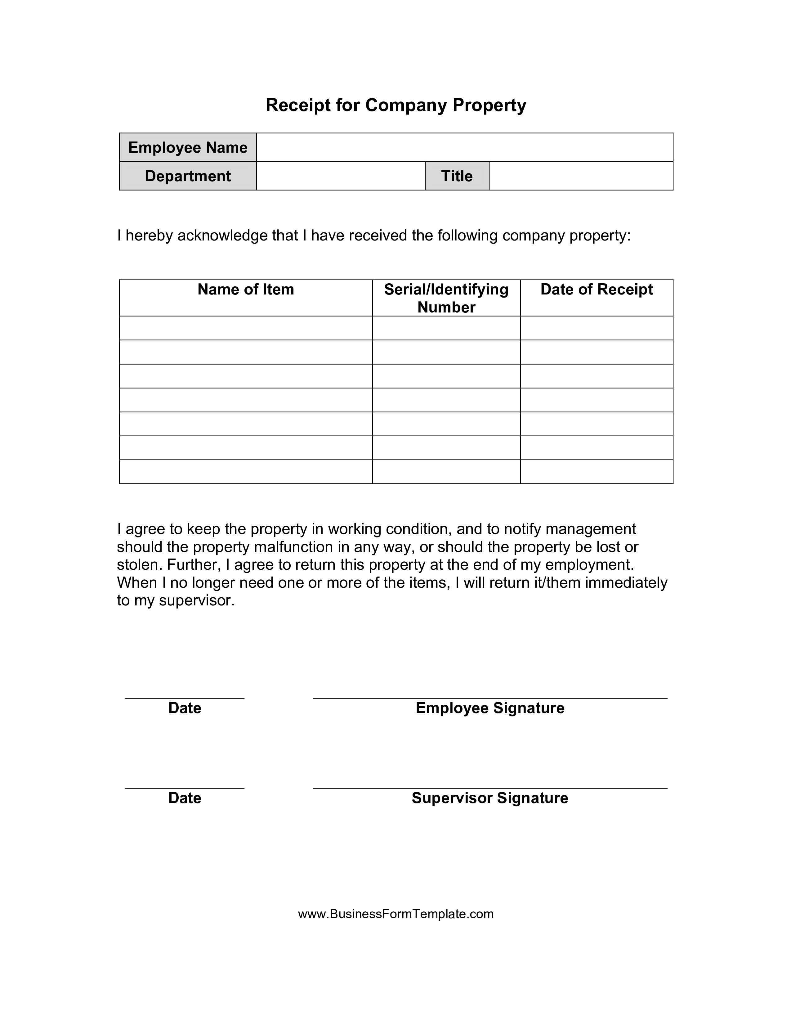 Acknowledgement Of Receipt Of Company Property Templates At Allbusinesstemplates