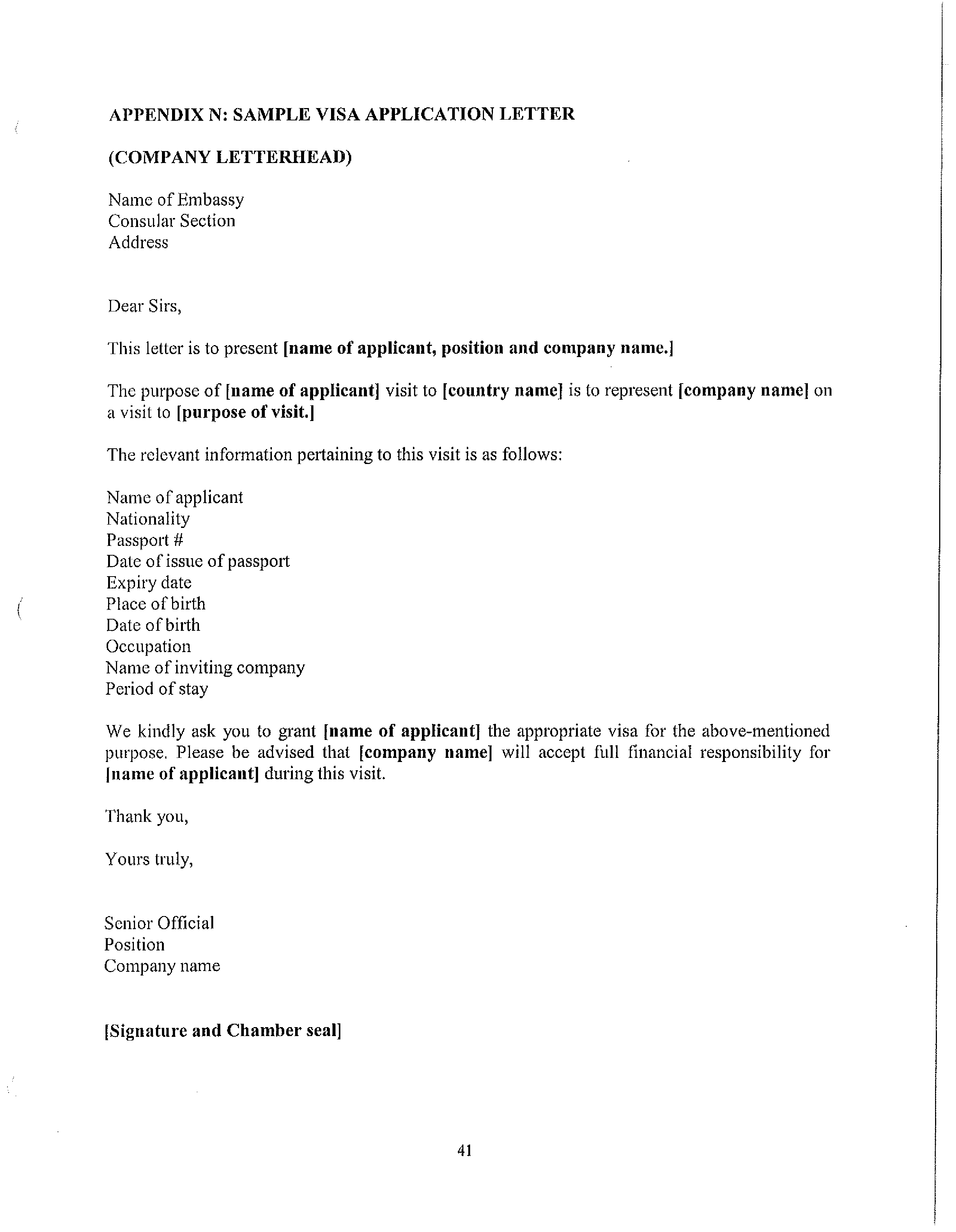 Visa Application Letter Format Template Templates At 