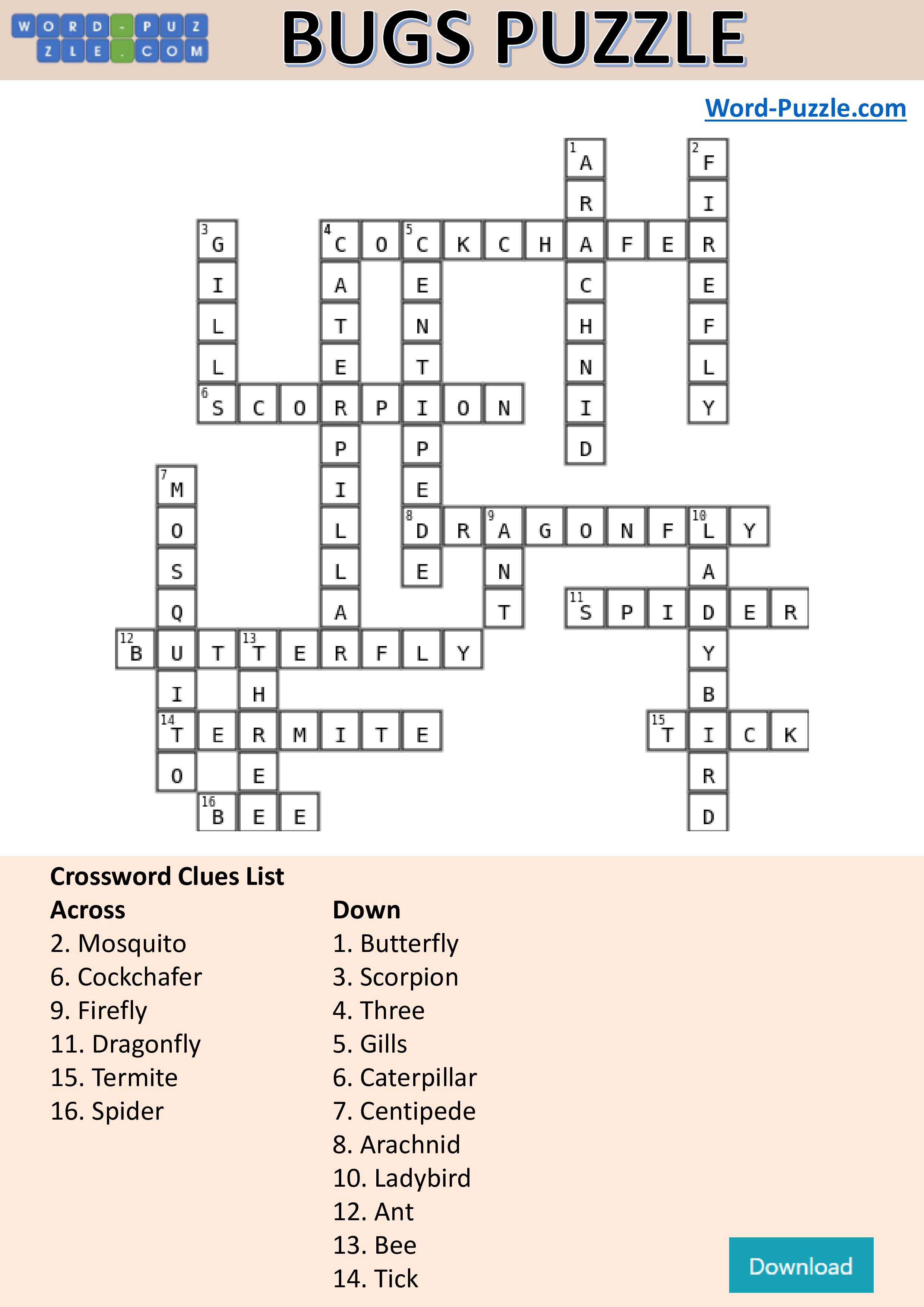 Kostenloses Bugs crossword puzzle template