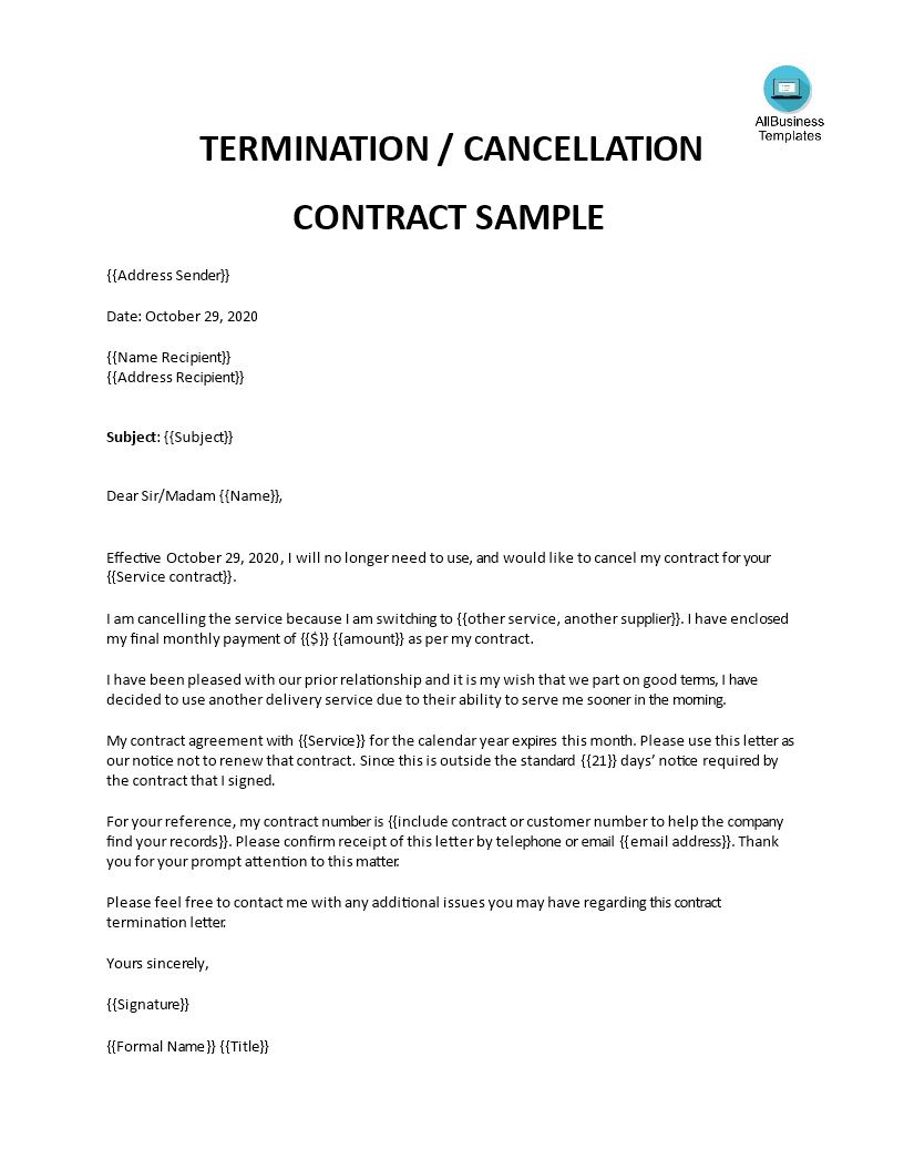 Letter Of Termination Of Contract Templates At Allbusinesstemplates