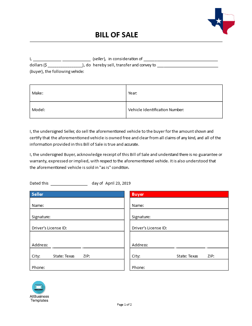 bill of sale free printable template