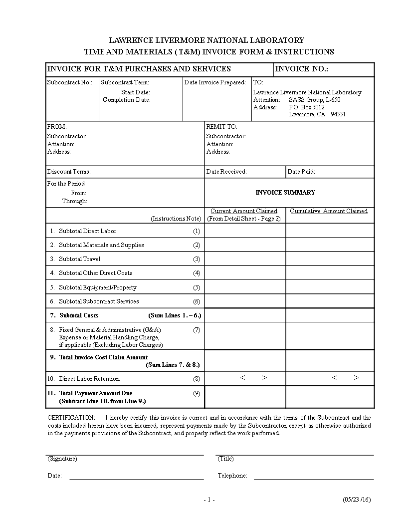 Time and Material invoice Form Templates at