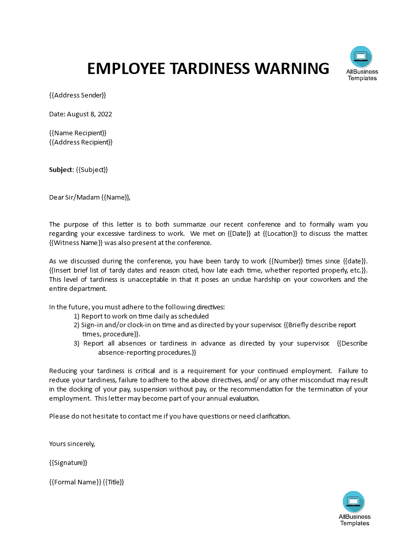 Gratis Warning Letter For Tardiness