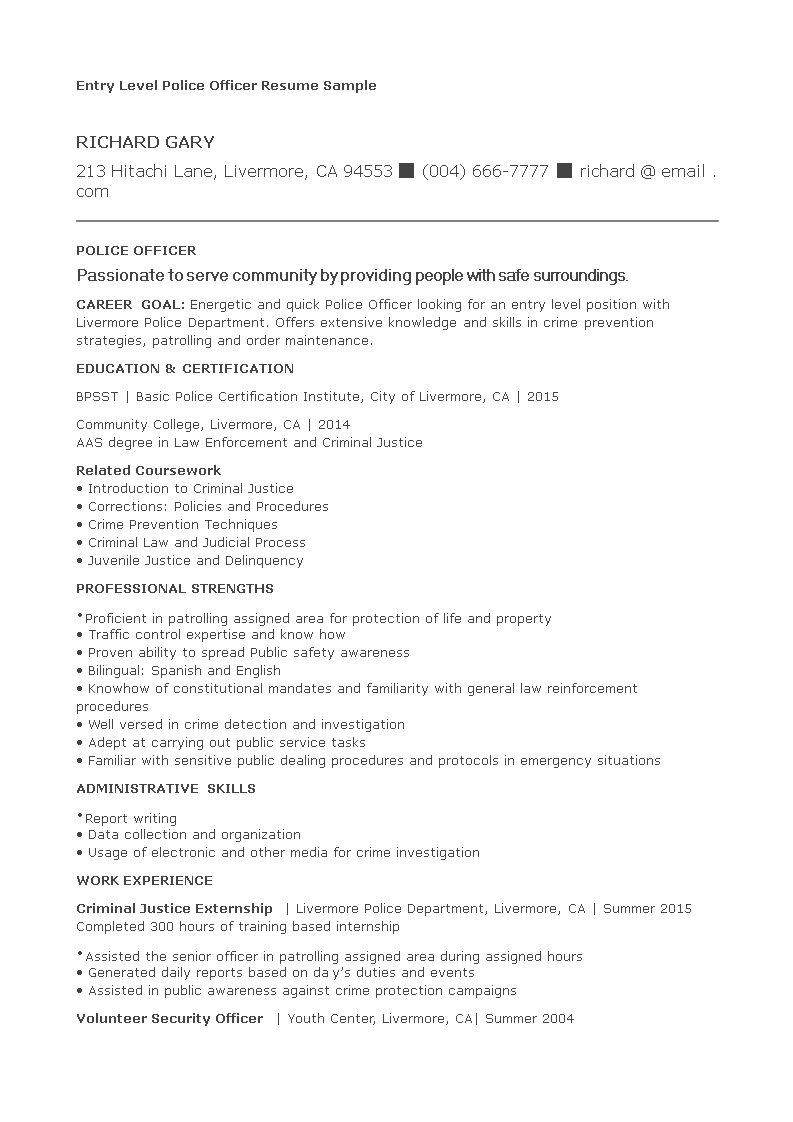Entry Level Police Officer Resume Templates at