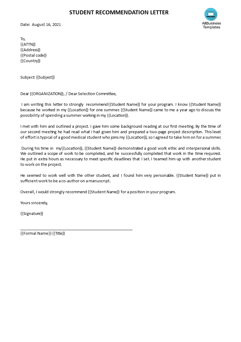 Recommendation Letter for Student | Templates at allbusinesstemplates.com