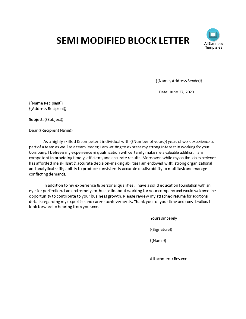 example of application letter semi block format