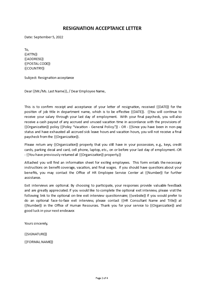 Kostenloses Resignation Acceptance letter template