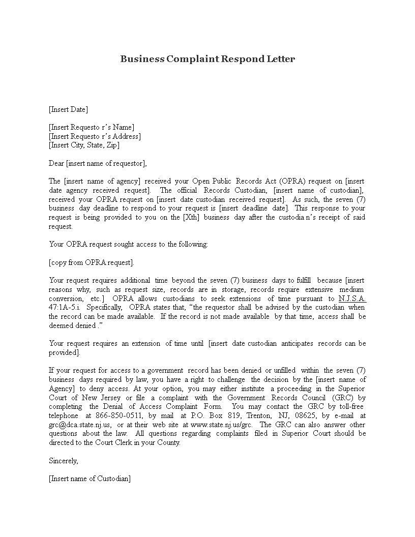 Business Complaint Respond Letter Templates At Allbusinesstemplates