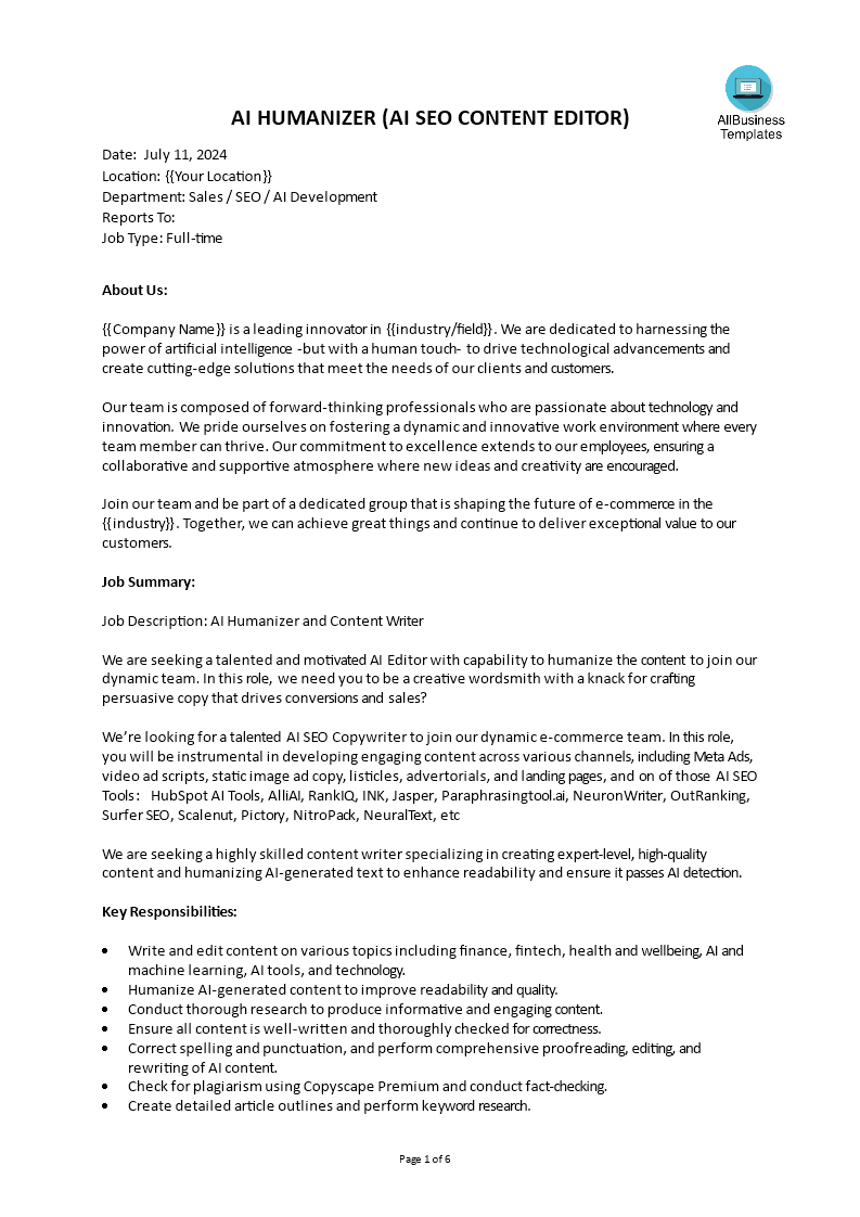 direct response copywriter job description template