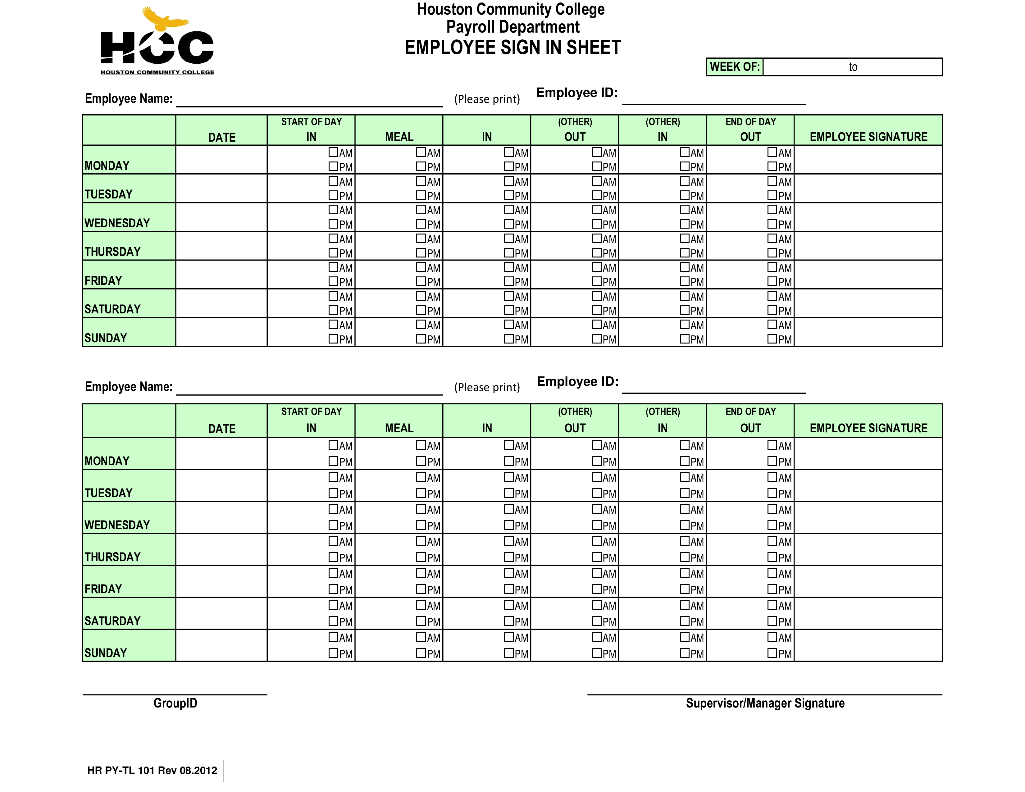 Kostenloses Employee Sign In Sheet Weekly