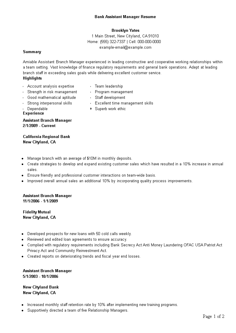 Bank Assistant Manager Resume Template Templates At 