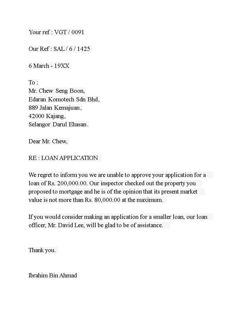 sample of an application letter for a loan