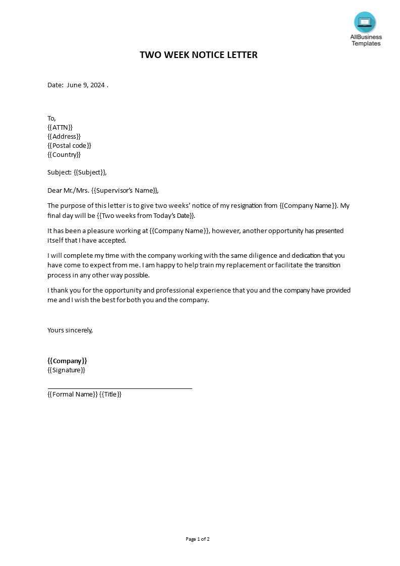 two week notice letter template