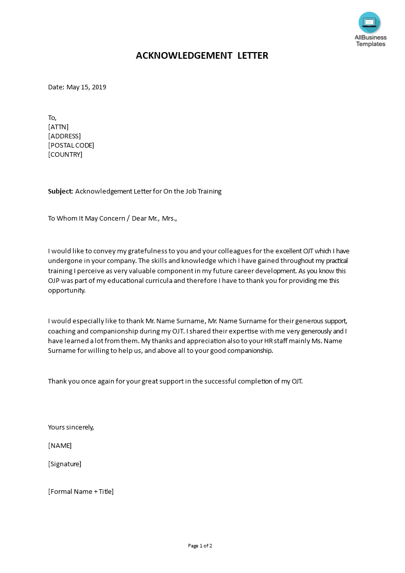 acknowledgement letter for on the job training Hauptschablonenbild