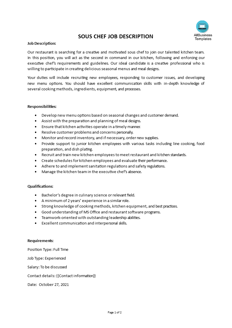 Libreng Sous Chef Job Description