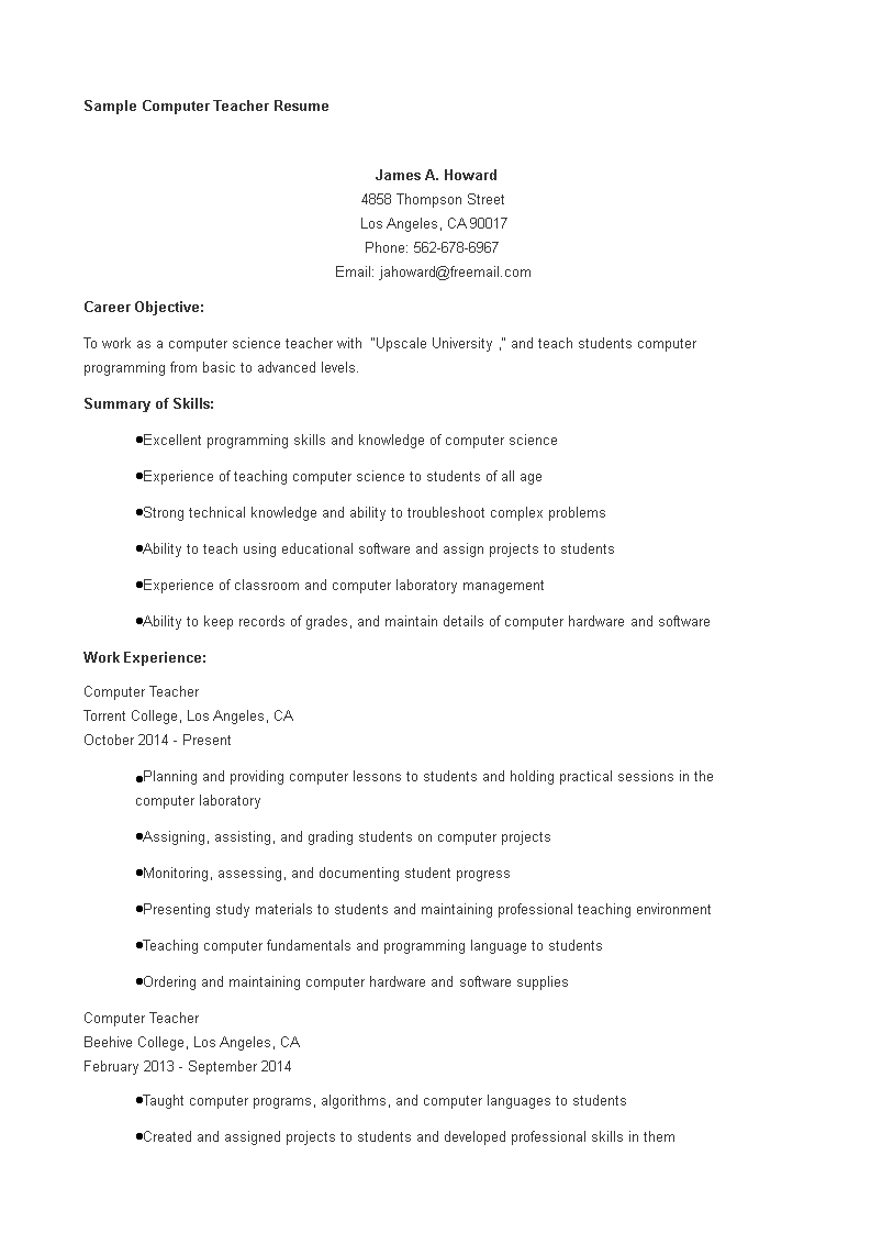 resume format for computer teachers freshers pdf