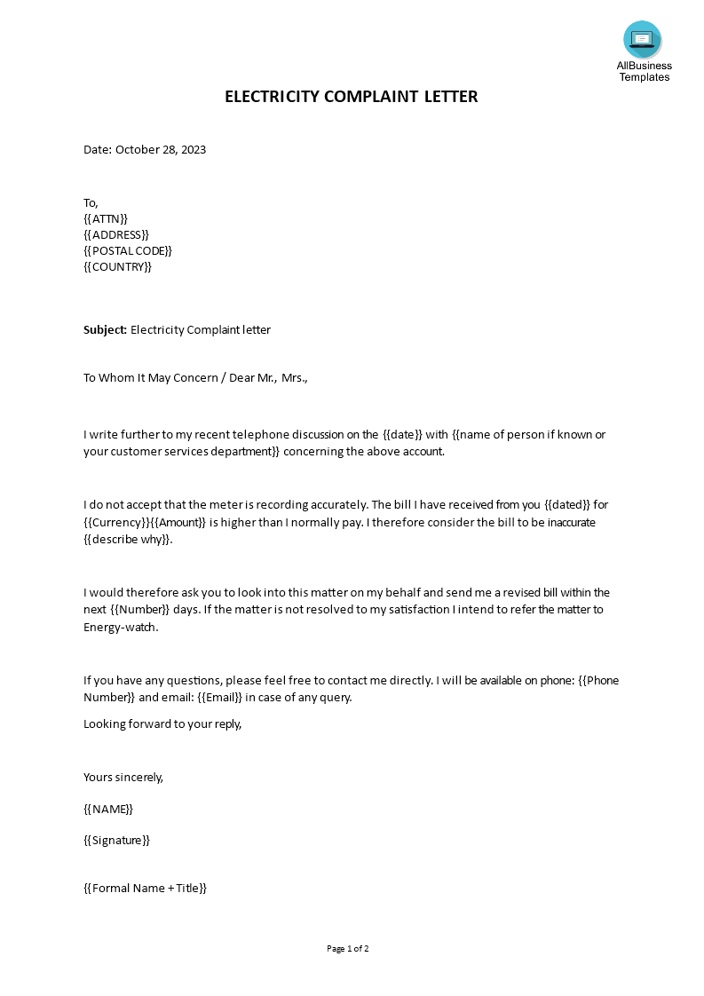 Electricity Complaint Letter Format | Templates at ...