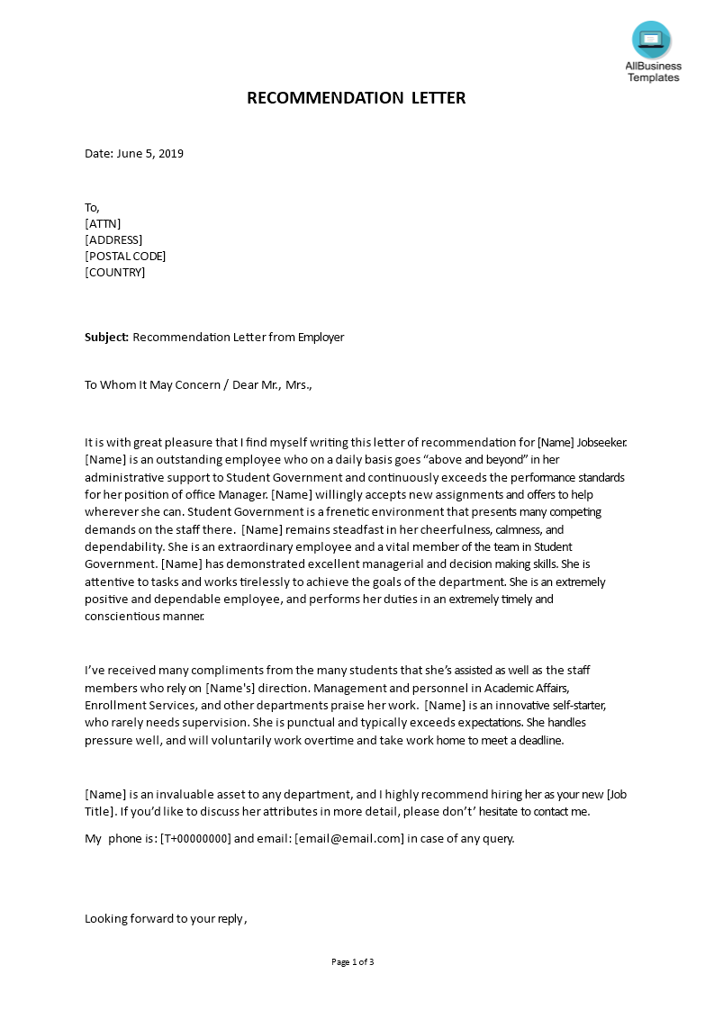 Letter Of Recommendation Template For Graduate School From Employer