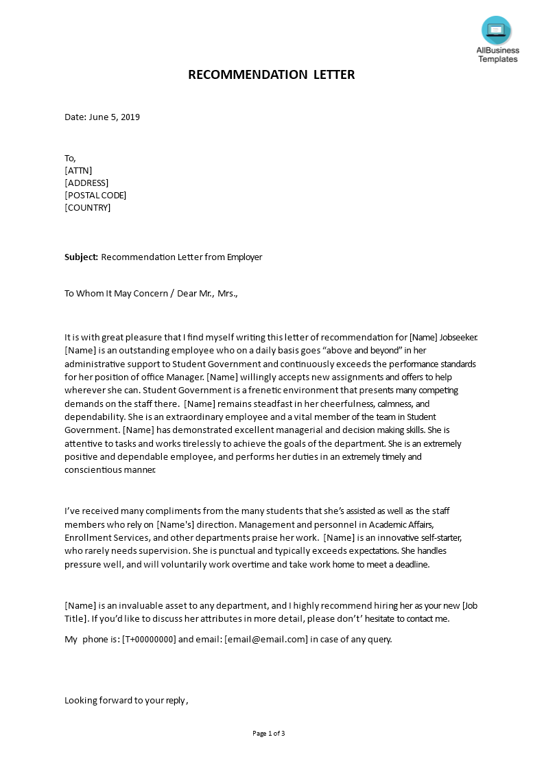 Printable Letter Of Recommendation For Graduate School From Employer Gratis