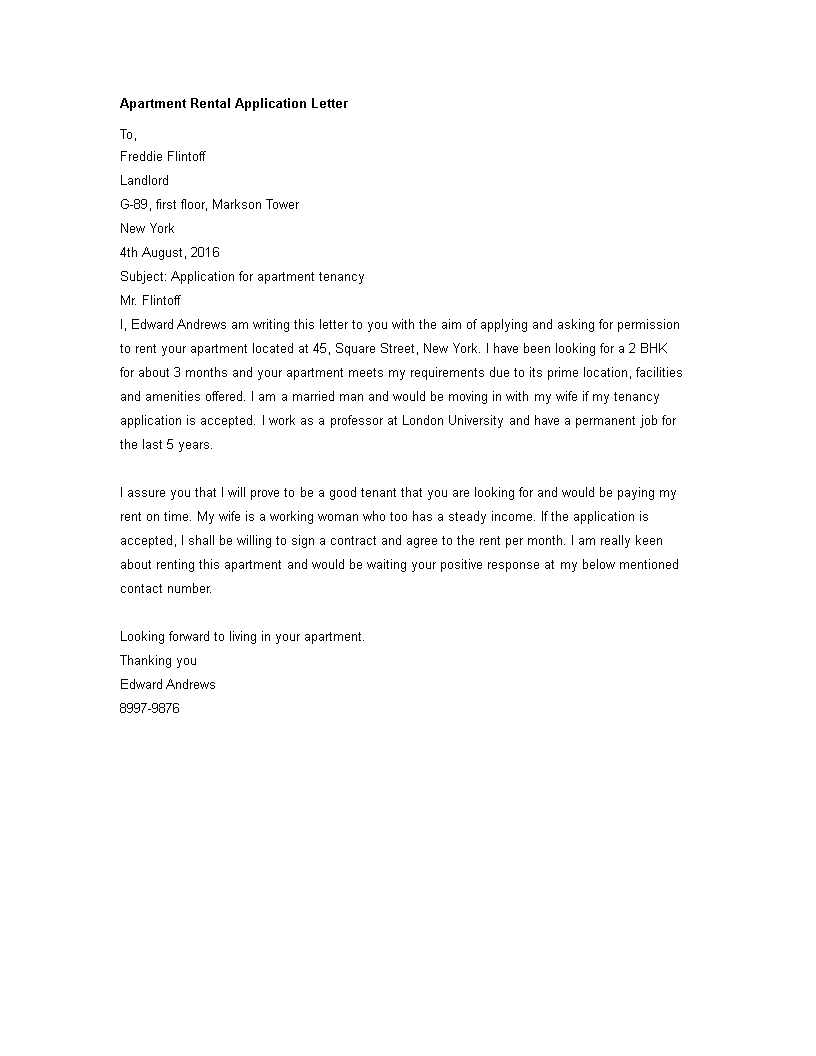 rent application cover letter