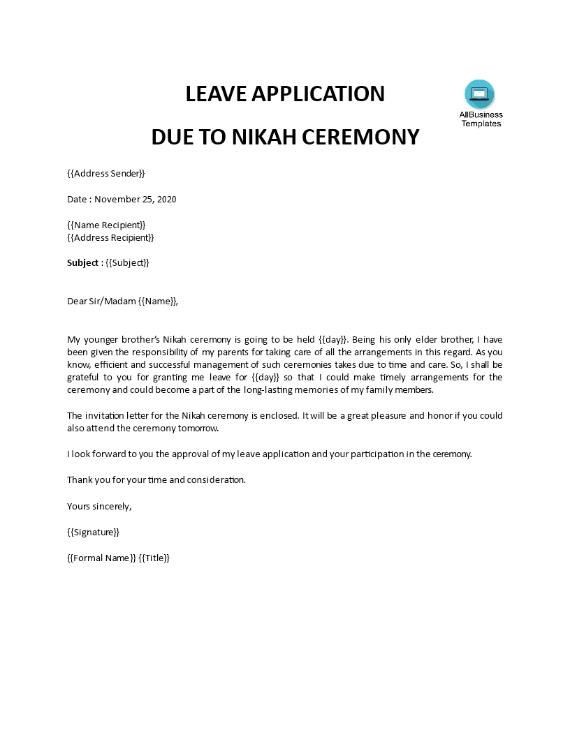 nikkah leave letter template