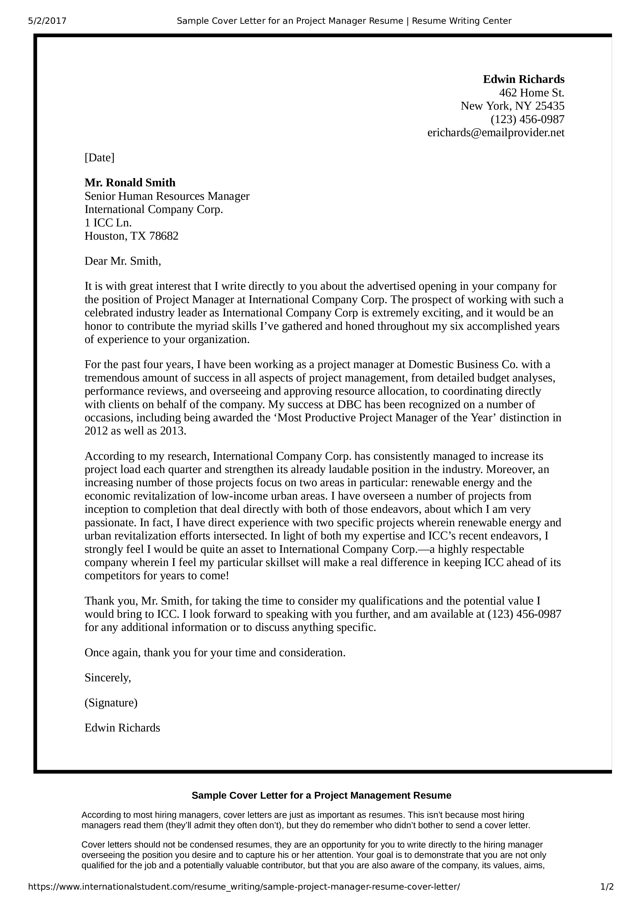 cover letter to the manager