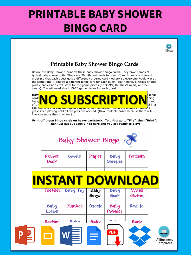 printable baby shower bingo card Hauptschablonenbild