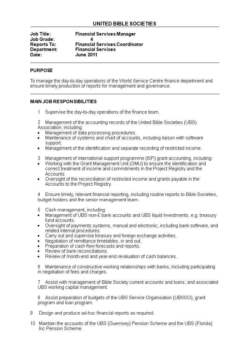 Financial Services Manager Job Description Templates At 