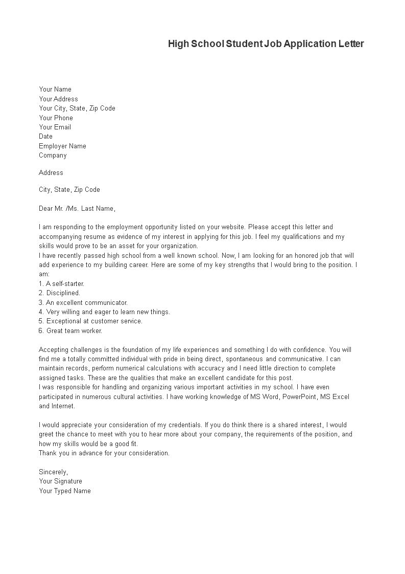 job application letter for a high school graduate