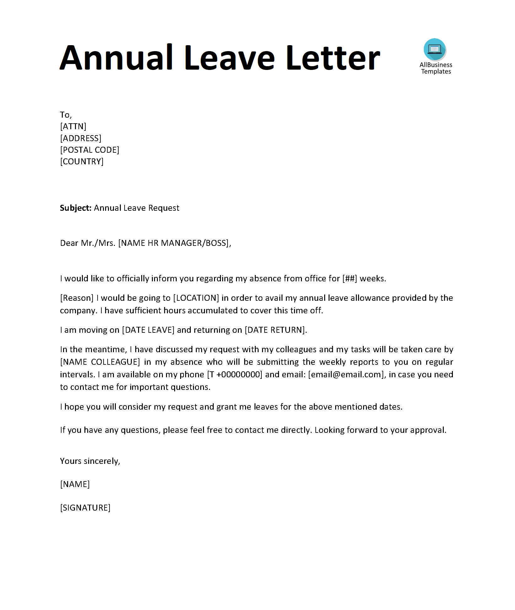 Kostenloses Annual Leave Letter