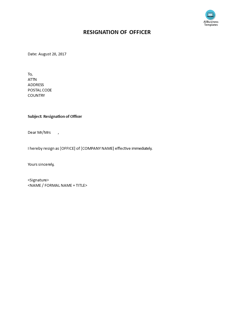 resignation of officer template