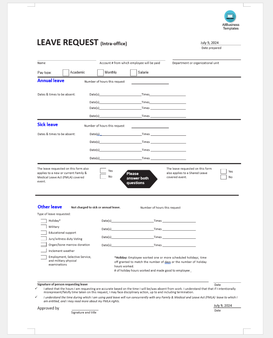 Sick Leave Request Form | Templates at allbusinesstemplates.com