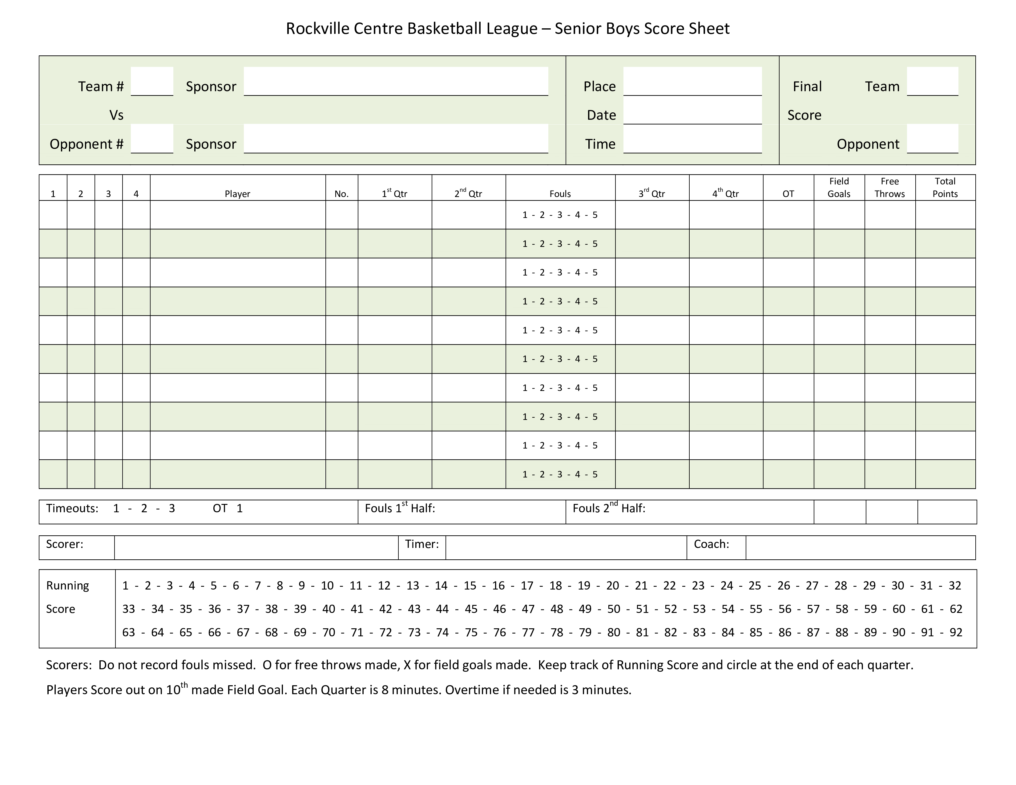 Kostenloses Basketball League Score Sheet