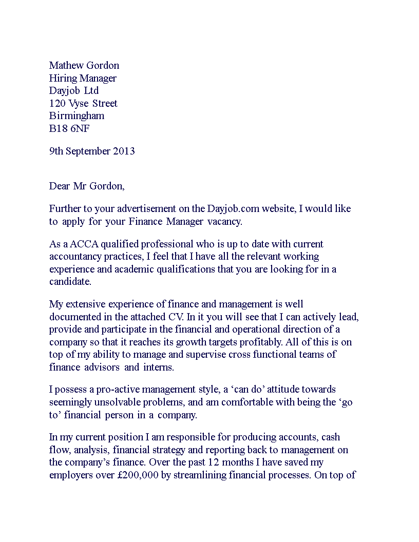 financial manager cover letter