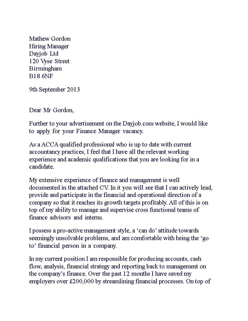 Finance Manager Cover Letter Example Ideas Of Europedias