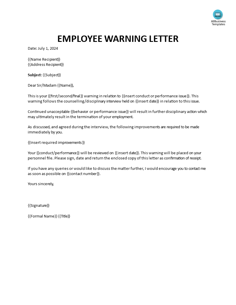 Employee Warning Letter due to unacceptable Conduct main image