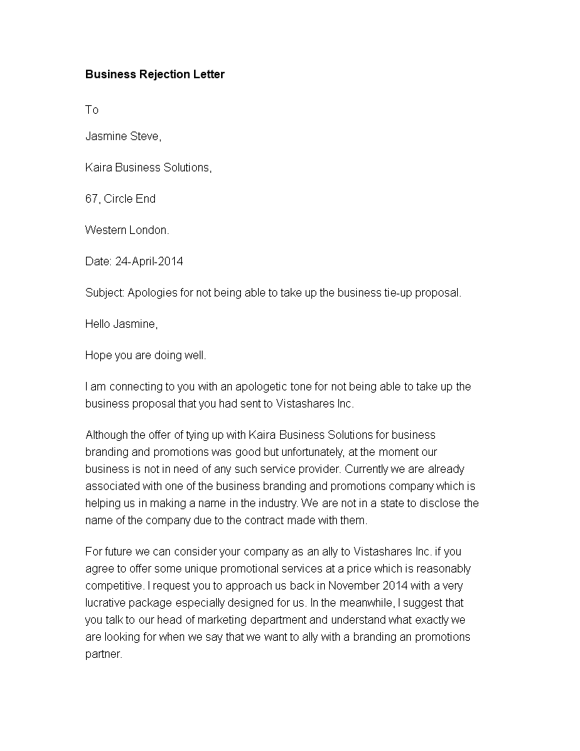 Business Service Rejection Letter template 模板