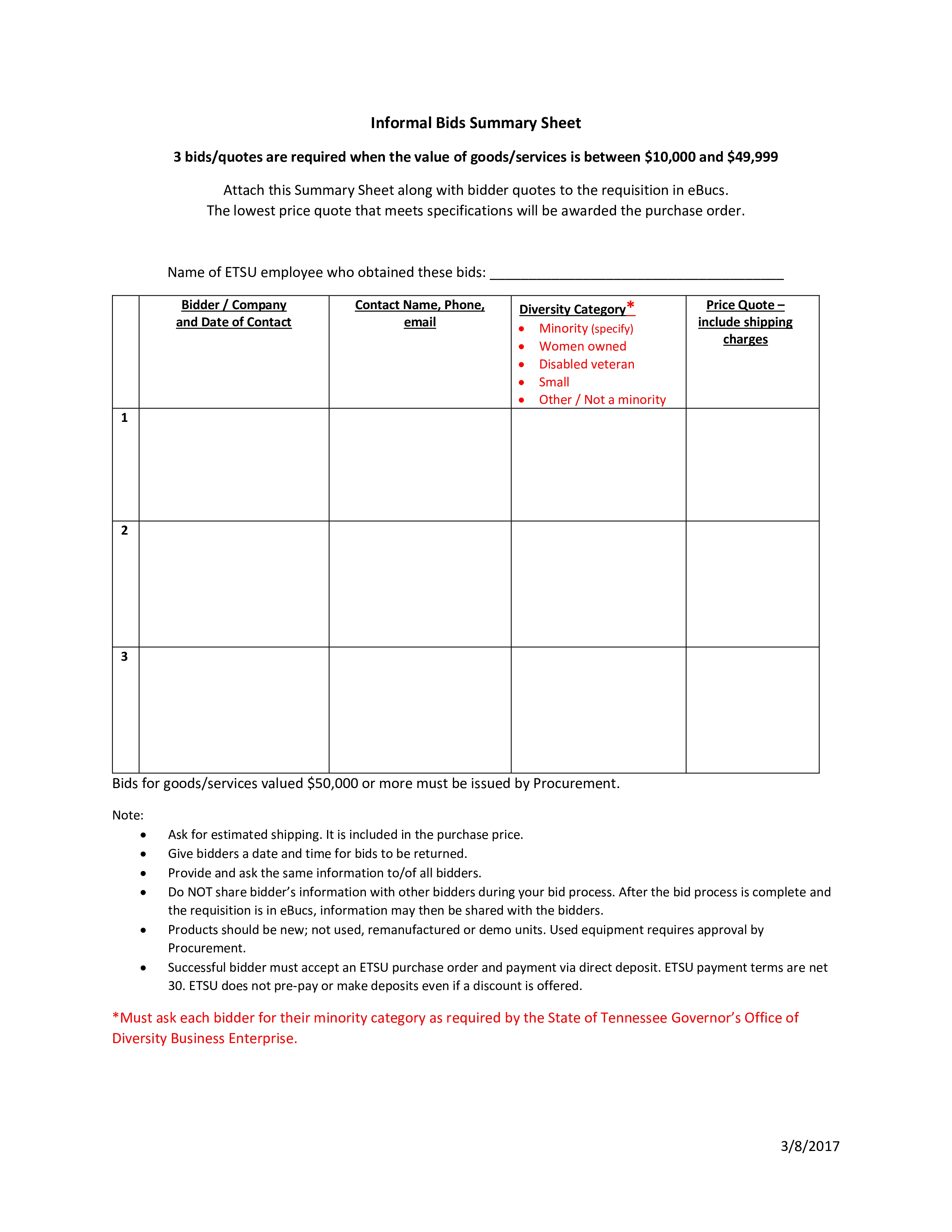 Informal Bids Summary Sheet Templates At Allbusinesstemplates