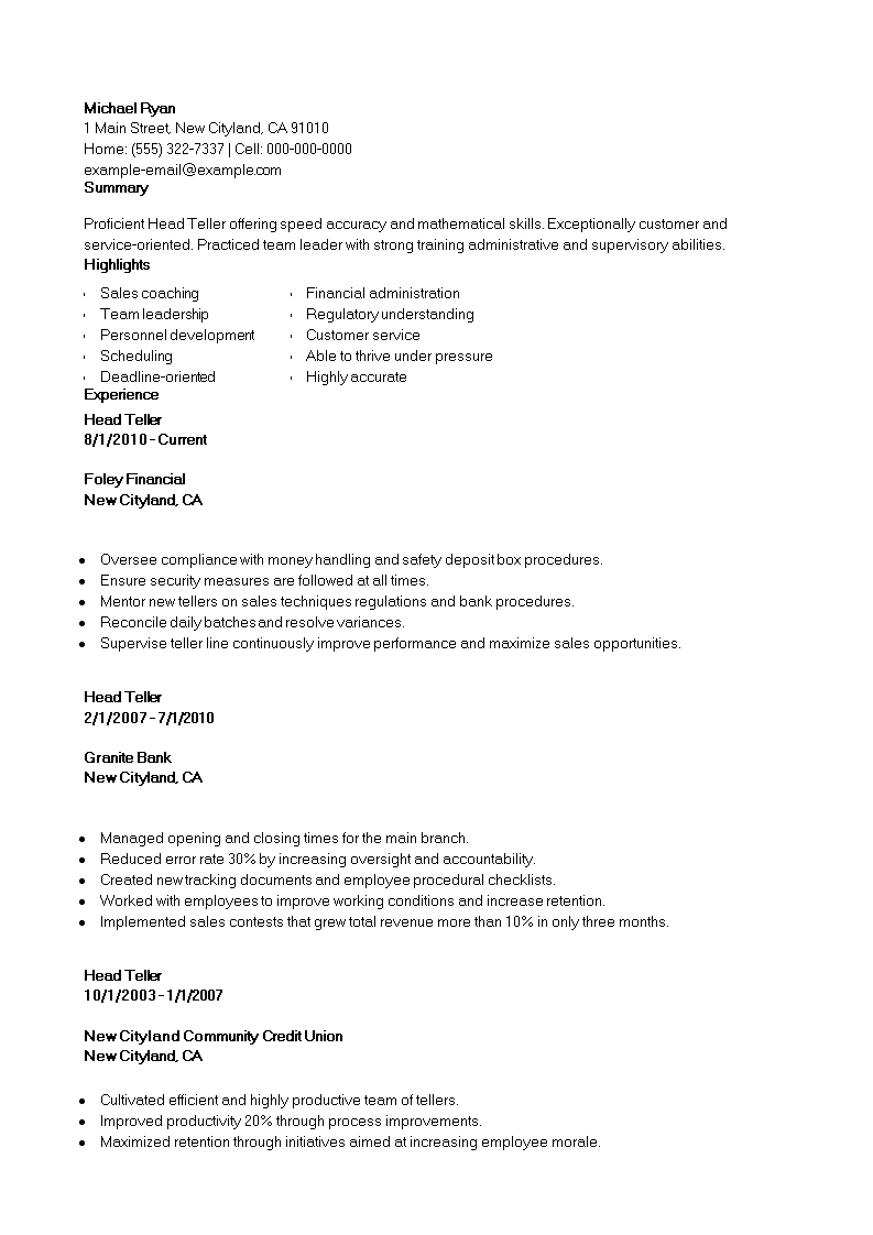 Banking Head Teller Resume Templates At Allbusinesstemplates