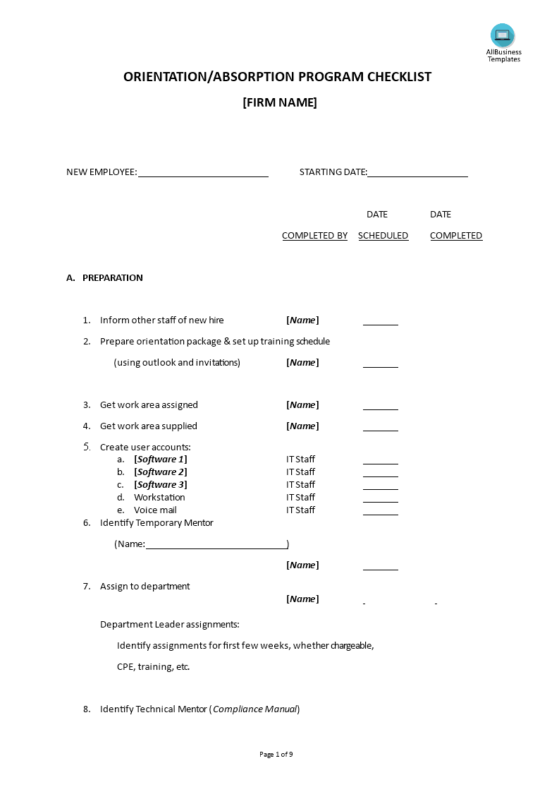 hr orientation absorption checklist voorbeeld afbeelding 