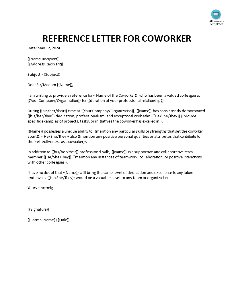 Reference Letter for Coworker main image