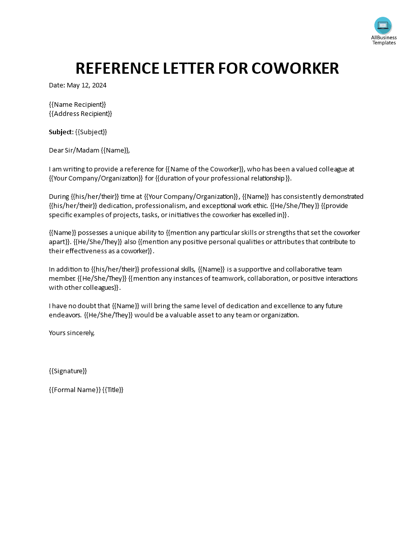 Reference Letter for Coworker 模板