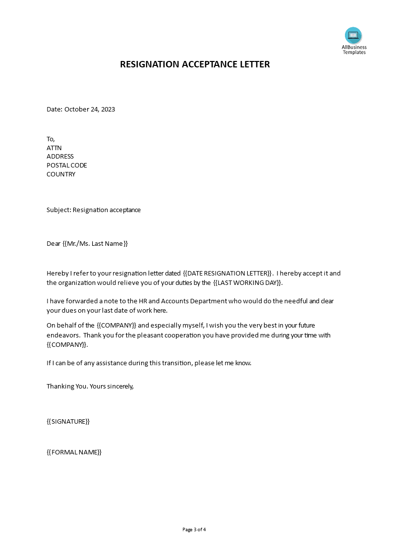 Resignation Request Acceptance Letter | Templates at ...