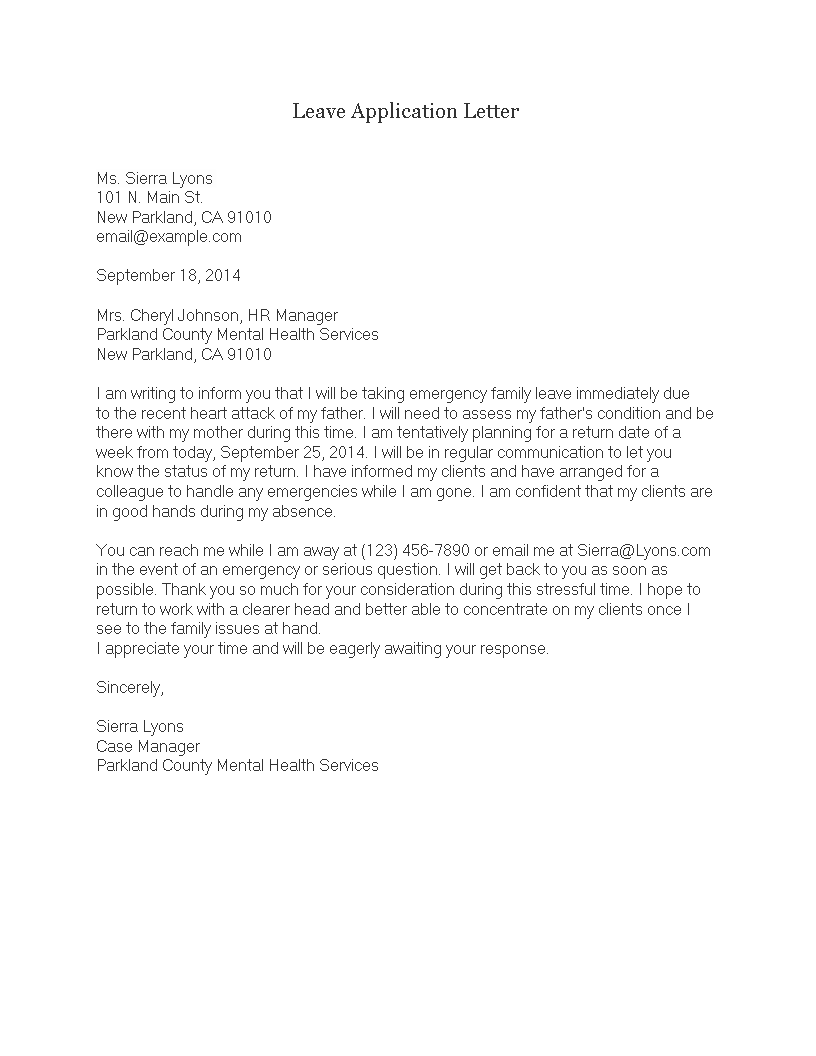 Official Leave Application Letter Templates At Allbusinesstemplates