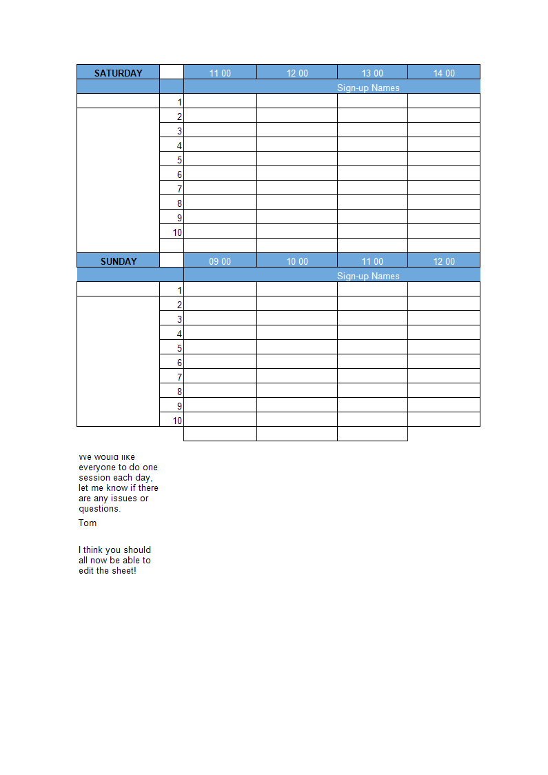 Kostenloses Sign up Sheet Worksheet Excel