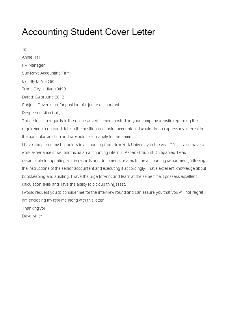 sample accounting internship cover letter