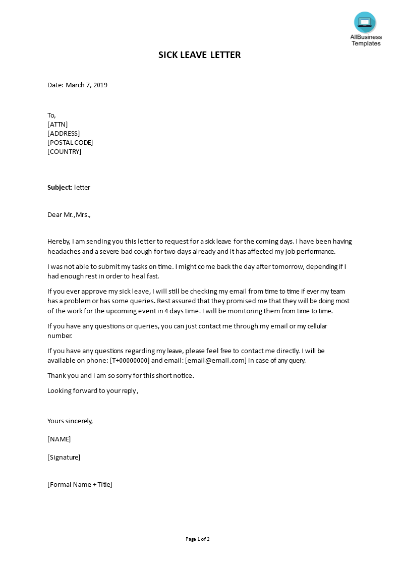 sick leave letter template template
